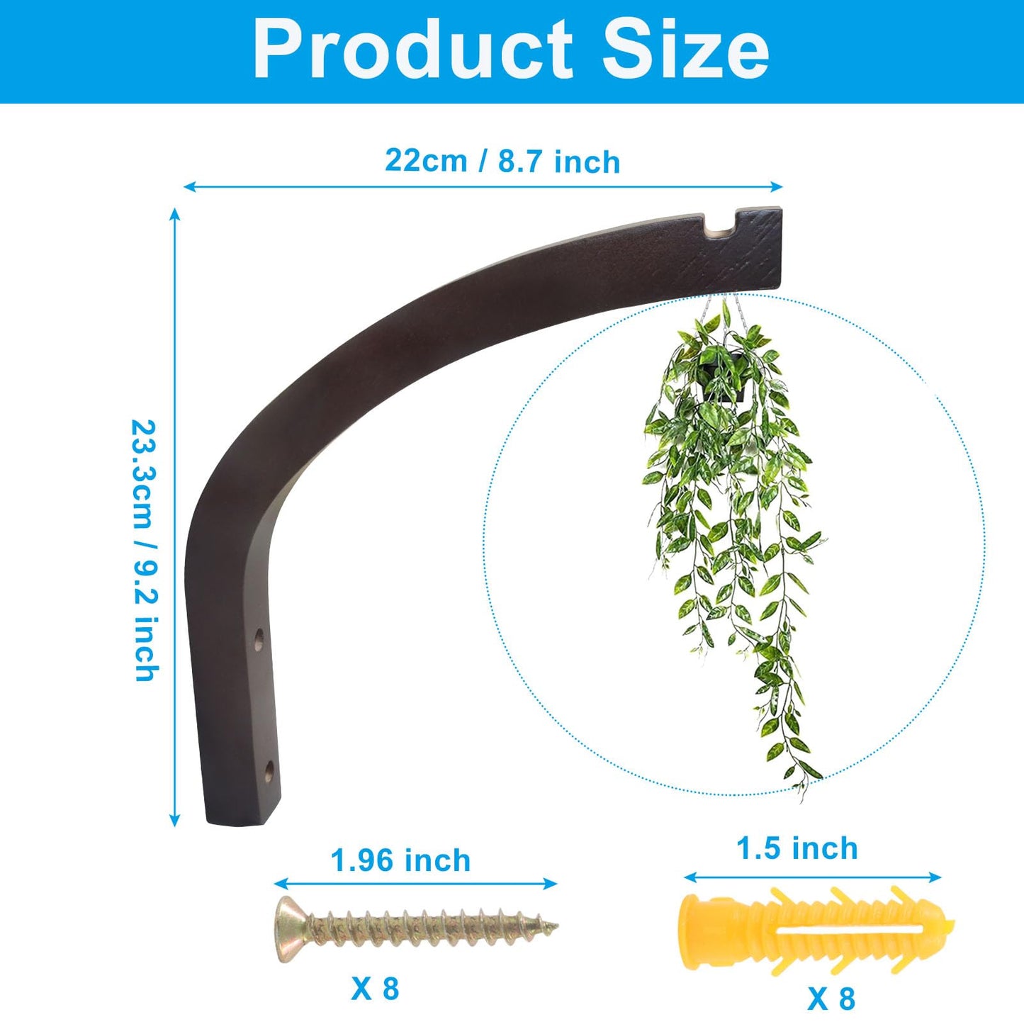 Moicstiy 4 Pcs Wooden Hanging Plant Hanger, 9 Inch Hanging Plant Hooks for Indoor and Outdoor, Wall Mounted Rustic Hook Brackets for Planters, Bird Feeders, Lanterns, Wind Chimes (Walnut)