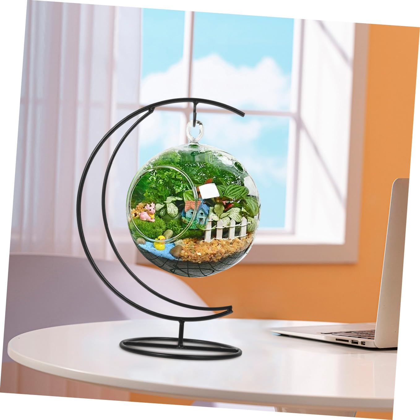 SEWACC Ornament Display Stand Moon- shape Iron Hanging Stand Rack Holder for Hanging Globe Air Plant Terrarium for Christmas Ornament and Home Wedding Decor
