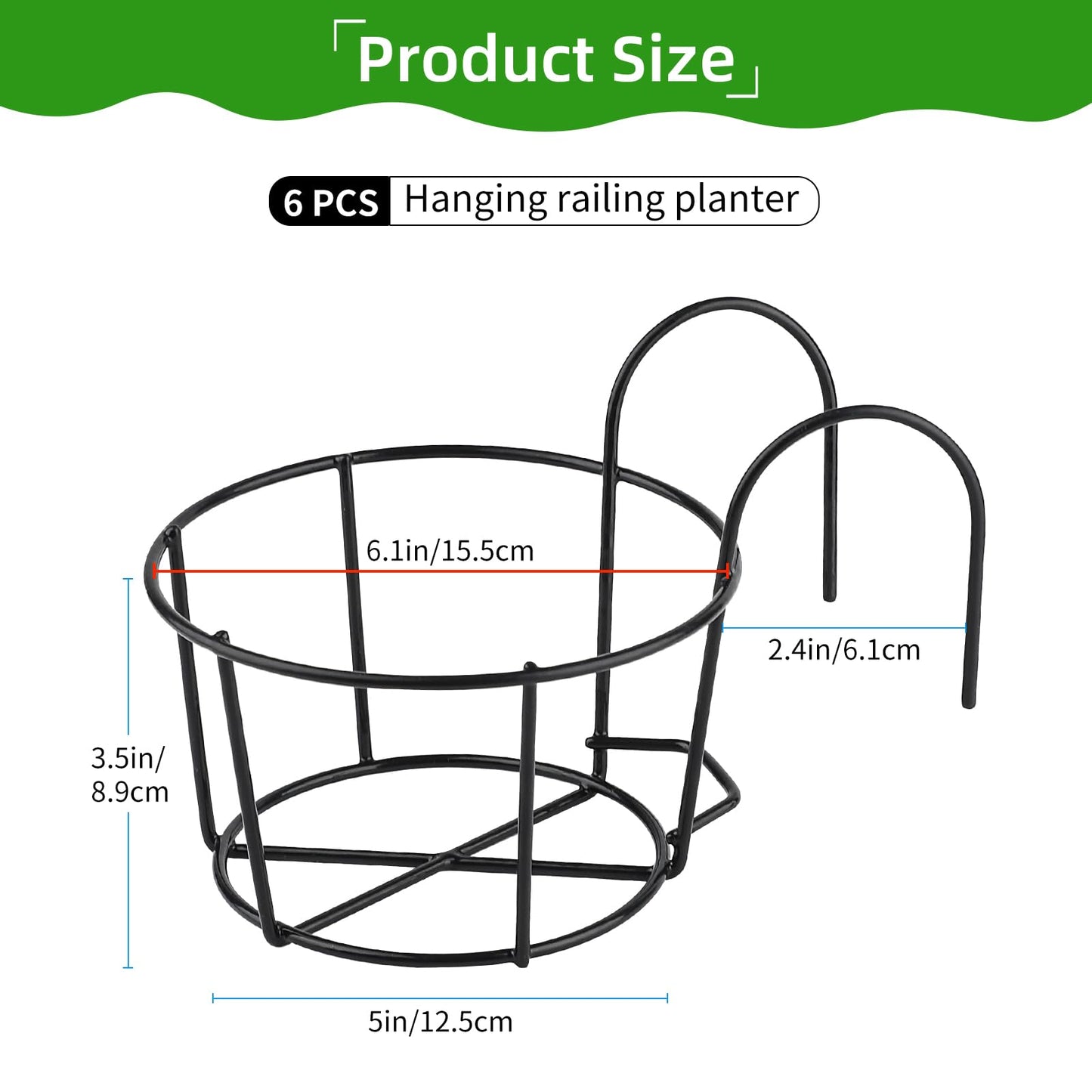 PineHaven 6 Pcs 6.1 Inch Iron Round Hanging Railing Planters,Hanging Flower Pot Holders,Metal Potted Stand Mounted Balcony Round Baskets Shelf Plant Holder with Hooks for Indoor Outdoor Plant(Black)