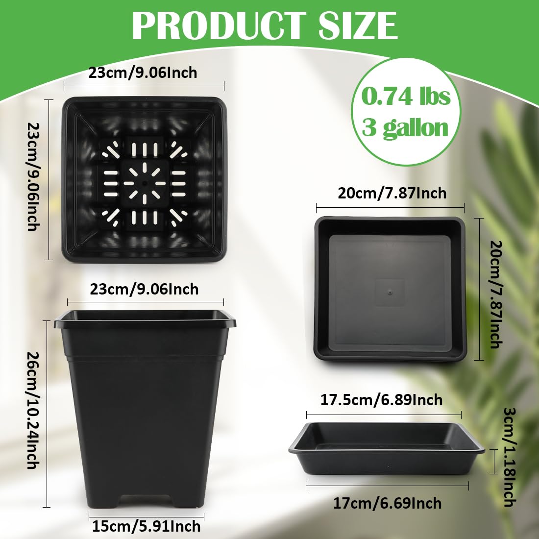 BTPLASTIK 9 Inch Square Planters for Indoor Plants, 8 Pack Large Plastic Plant Pot with Drainage & Saucer, 3 Gallon Modern Decorative Thick Outdoor Garden Container for Potted Plants