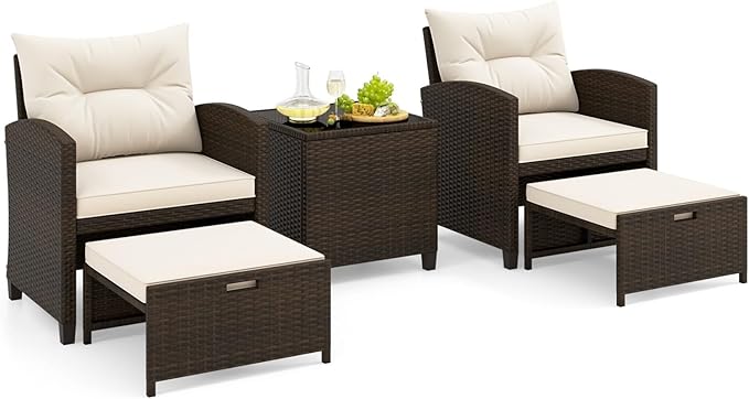 Tangkula 5 Pieces Patio Conversation Set, PE Wicker Outdoor Furniture Set