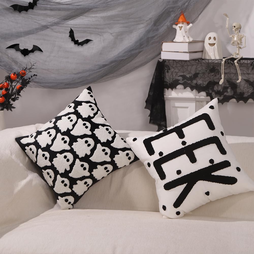 Heirloom Haven Halloween Ghosts Embroidered Throw Pillow Covers Set of 4,Polka Dot Spooky Boo Pillow Case Holiday Farmhouse Cushion Case Decoration for Sofa Couch 18 x 18 Inch