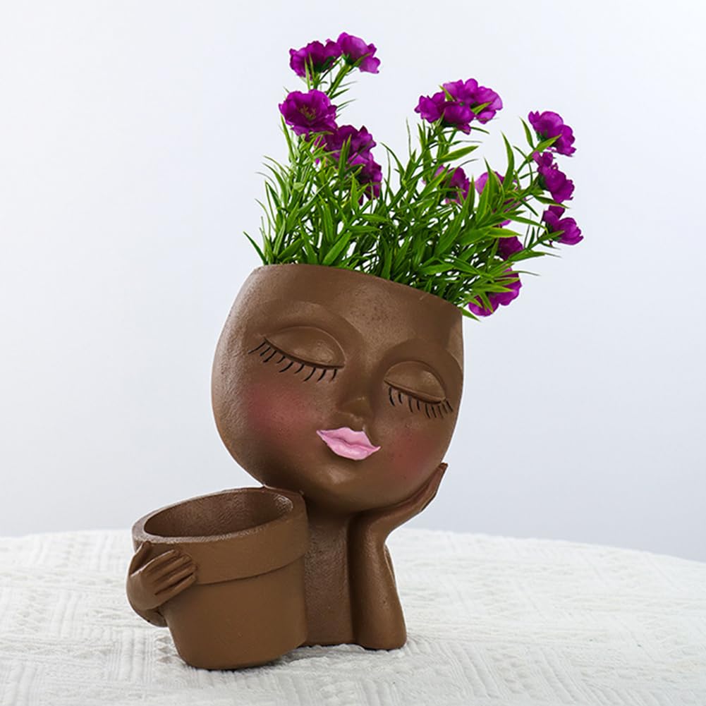IUYYPU Face Planter for Succulents, Resin Lady Head Pot with 2 Planting Pockets and Drainage Holes, Approx. 6.3 x 4.3 x 6.7 in, Openings 3.2 in & 2.4 in, Brown