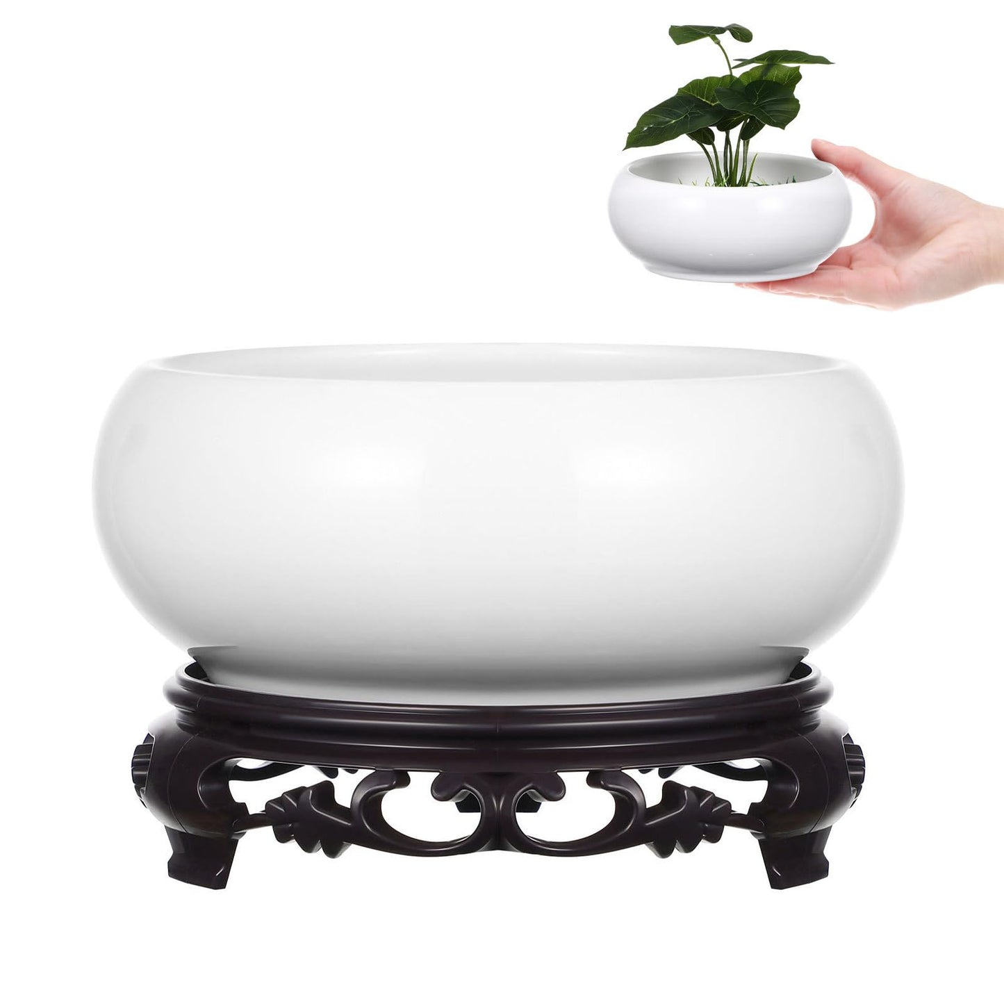 YARNOW Lotus Bowl Planter with Stand - 6.3 Inch White Ceramic Hydroponic Bowl for Water Lily, Daffodil & Bonsai - No Drainage Hole Decorative Indoor Plant Pot for Home Garden Office Zen Decor