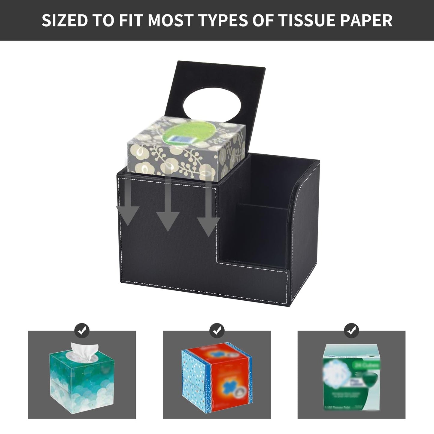 XNONE PU Leather Tissue Box Cover with Storage Square-Multifunctional Tissue Holder,Remote Control Holder,Decorative Tissues Boxes Organizer,Home Office Desktop Storage box,Black