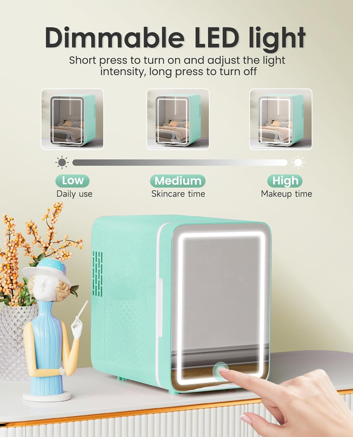 Skincare Fridge With Dimmable LED Light Mirror, 4L Mini Fridge For Desktop, Travel or Cool & Heat, Makeup Fridge for Cosmetics, Skin Care and Food, Green