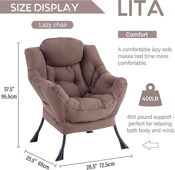 LITA Lazy Chair with Armrests and Side Pocket, Modern Upholstered Accent