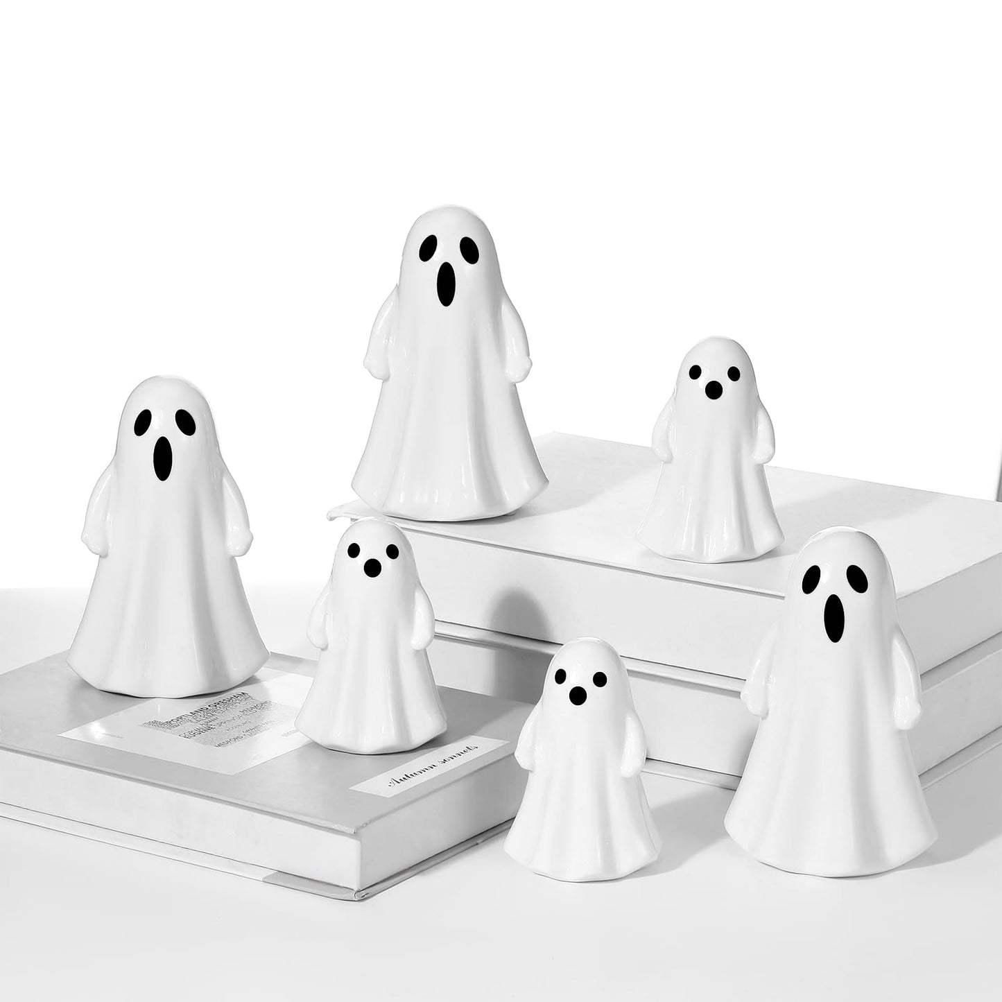 Leinuosen 6 Pcs Halloween Ghost Figurines 3 Large (5.12") & 3 Small (3.54") White Ceramic Ghost Decor Cute Ceramic Halloween Ornaments for Tabletop, Mantel, Tiered Tray & Shelf Decor