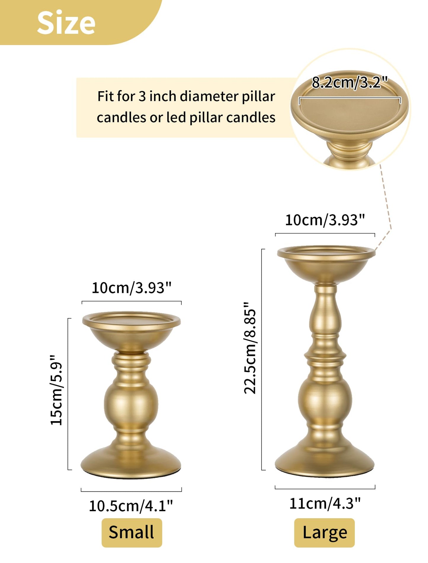 2 Pcs Gold Pillar Candle Holders, Gold Candlestick Most Ideal for 3" Pillar Candles, Gifts for Wedding, Party, Home, Spa, Reiki, Votive Candle (S + L)