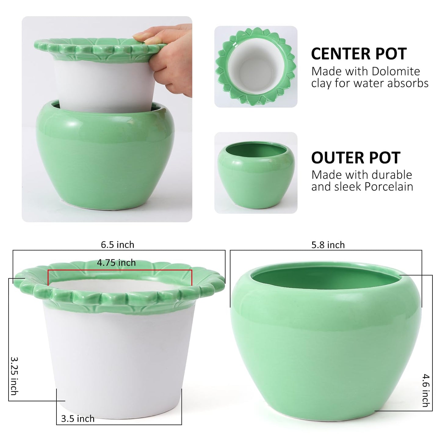 Tbpro Self Watering Plant African Violet Flower Pot 6.5 * 4.6 * 4 Inch Green Ceramic Pot Maintenance Indoor Plant Self Watering Seeder Plant Planting High Absorption Plant Inner Flower Pot