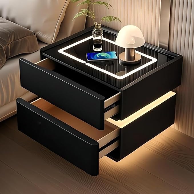 Modern Smart Nightstand with Wireless Charging with LED Sensor Light, Smart