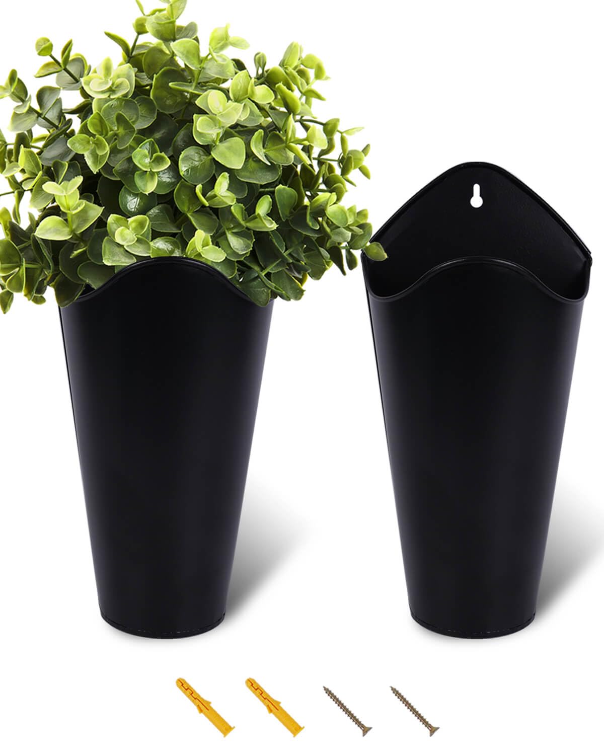 vensovo 12 Inches Galvanized Wall Planters - 2 Packs Metal Tin Vases for Flowers Indoors, Farmhouse Hanging Planter Tall Flower Holder for Country Decor Outdoors, Black