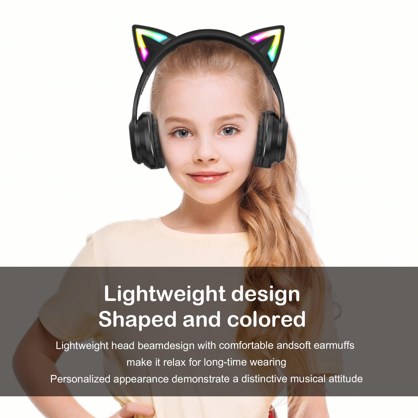 Bluetooth Cat Ear Headphones for Kids & Adults, Wireless & Wired Mode Foldable Headset with Mic - Clear Sound Quality - RGB LED Light, for Girls School Gaming, for Phone/Laptop/PC/Tablet, Black