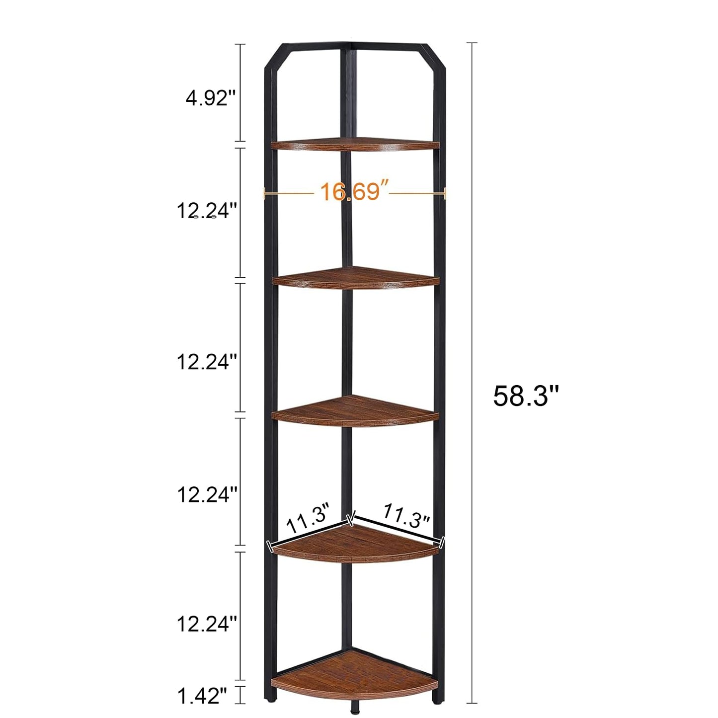 MNEETRUNG Corner Shelf, 5-Tier Industrial Corner Bookshelf, Freestanding Corner Shelf Stand with Metal Frame, Open Corner Plant Stand for Small Space, Home Office, Living Room, Bedroom, Brown