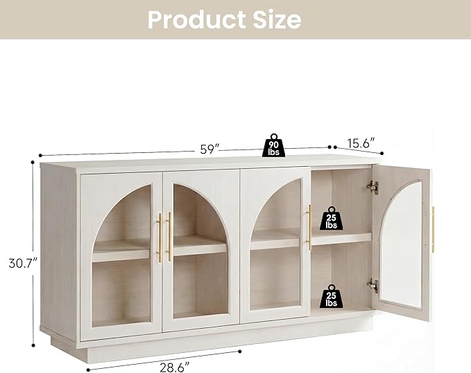 Fatmok 59" Buffet Cabinet with Glass Doors, Modern Arched Sideboard with Large