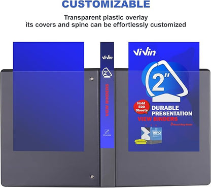 3 Ring Binder 2 Inch, ViVin Sturdy 2"-Slant D Ring Binder with 2 Interior Pockets, Clear View Cover, PVC-Free, Fits 500 Sheets of US Letter Size Paper (6 Pack, Black)