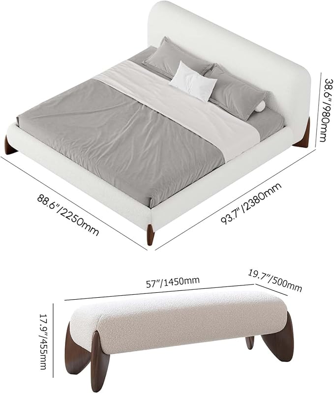 homary Curva Modern White Boucle King Size Platform Bed Set & Bedroom Bench