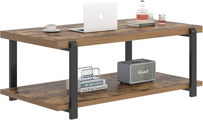 FOLUBAN Modern Coffee Table, Rustic Wood Center Table