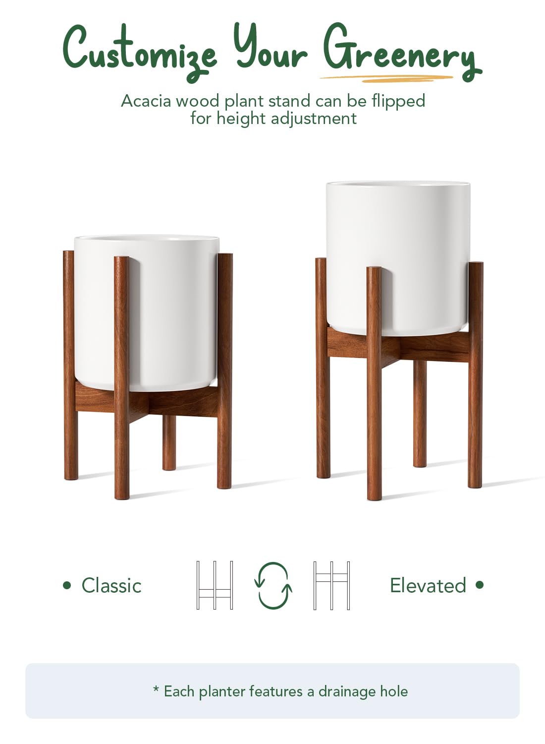 LE TAUCI Indoor Planter with Stand, 10 + 8 Inch, Set of 2, Ceramic Pot for Indoor Plants with Acacia Wood Holder, Mid-Century Modern Home Decor, Round Flower Pots with Drainage Hole, White