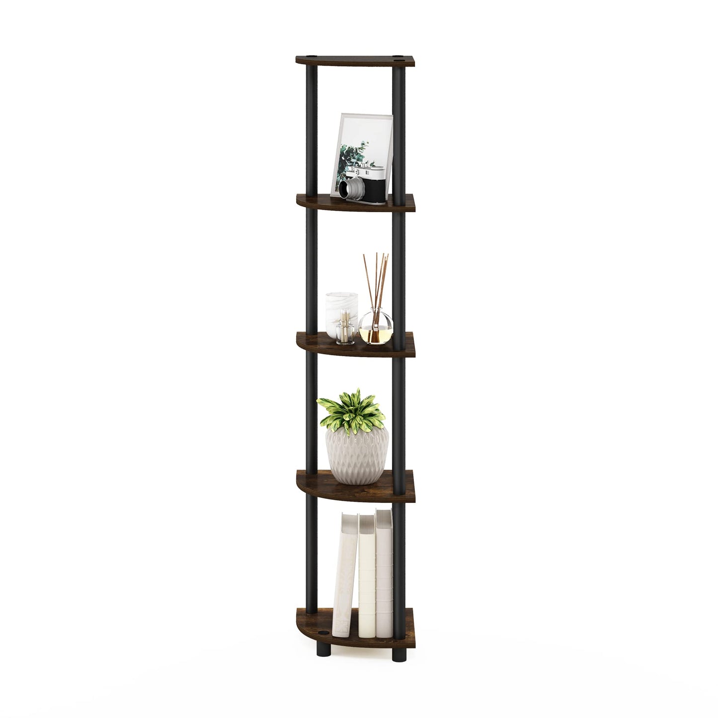 Furinno TURN-N-TUBE Corner Shelf, 5-Tier Corner Bookshelf, Open Storage Shelves, for Organization and Storage, Living Room, Home Office, Garage, Bedroom, Amber Pine