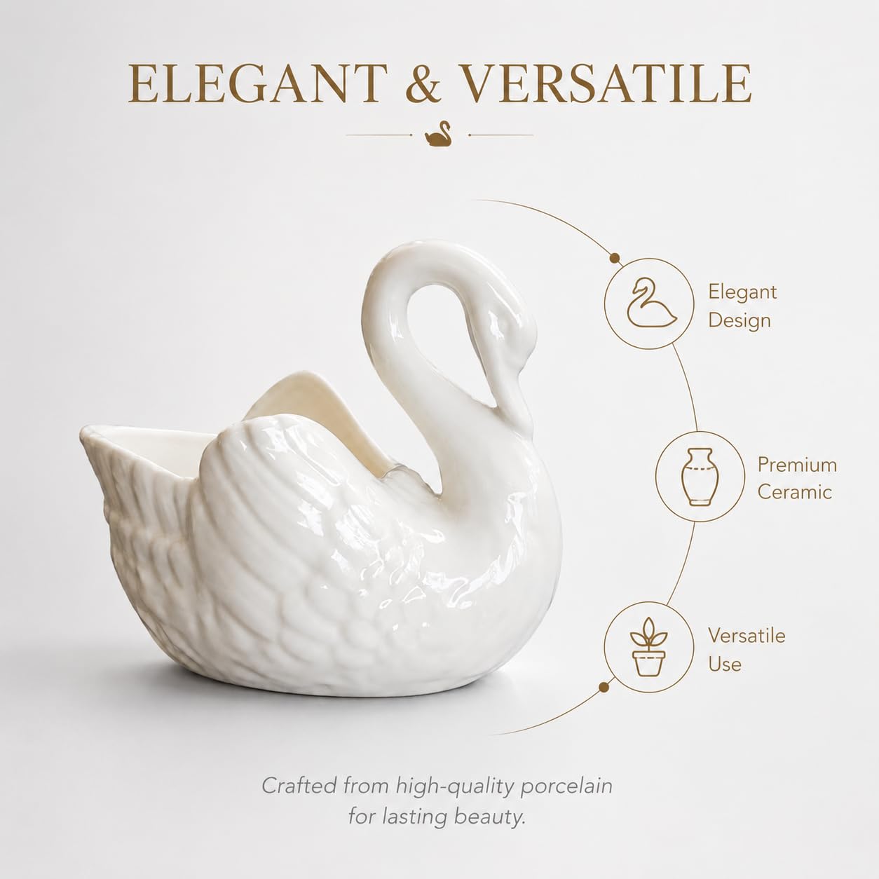 VANZACK Elegant White Ceramic Swan Planter 4.4in Decorative Succulent Flower Pot Swan Vase, Ceramic Swan Decor and Candle Holder for Home Office Gardening