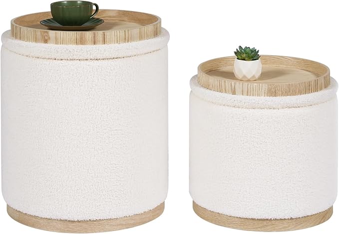 PINPLUS Round Ottoman with Storage Set of 2, Vanity Stool with Tray Storage