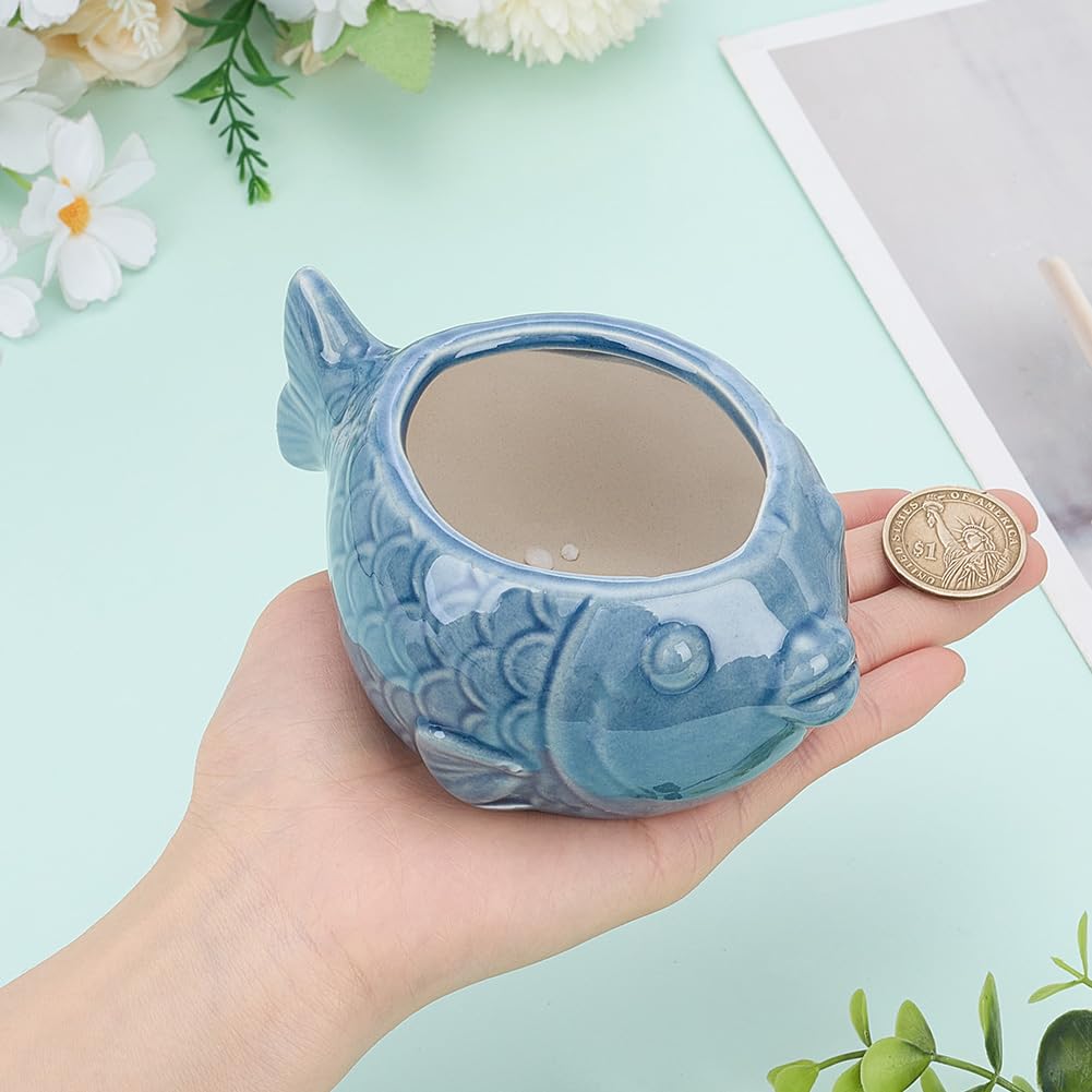 SUNNYCLUE Ceramic Succulent Pot Fish Ceramic Pot with Drainage Hole Ocean Series Summer Sea Hawaii Blue Flower Vase Bonsai Cactus Planters for Indoor Outdoor Plants Office Home Garden Decorations