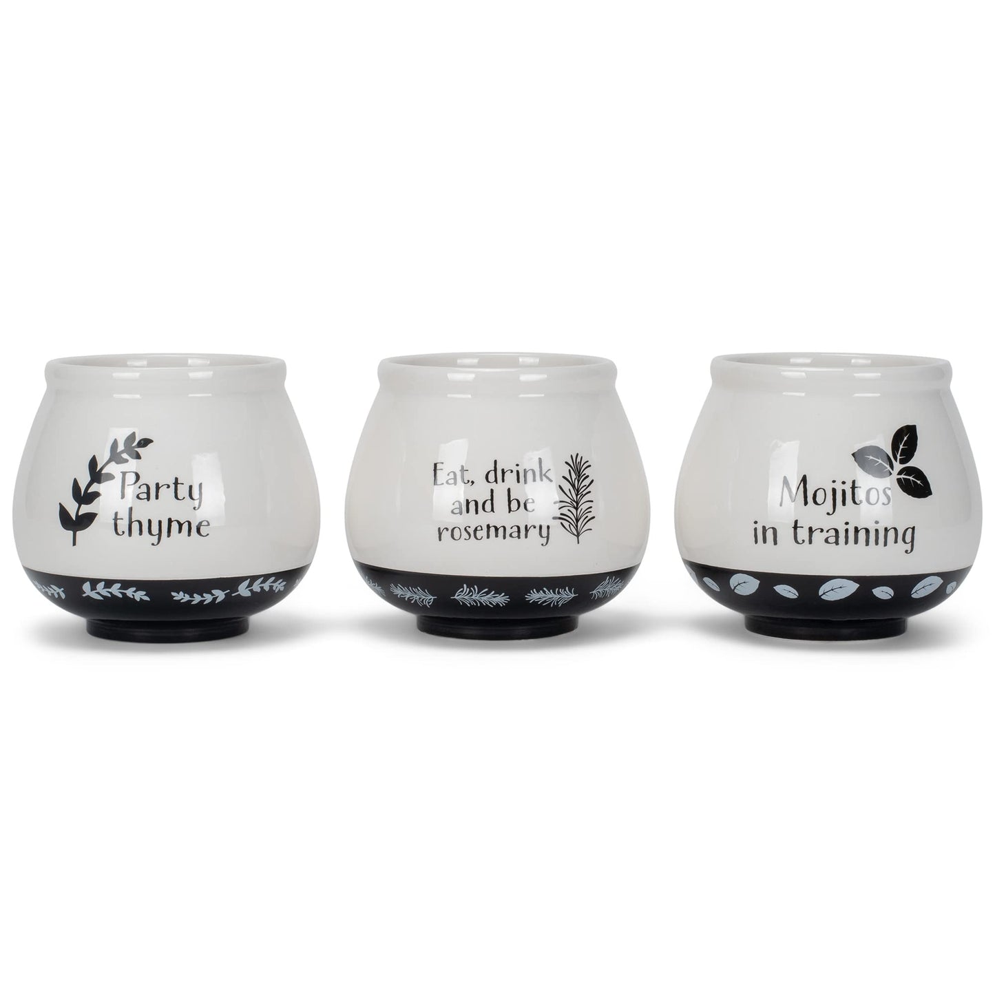 Napco Assorted Witty Herb Cache 3.5 Inch White and Black Ceramic Planters (Set of 3)