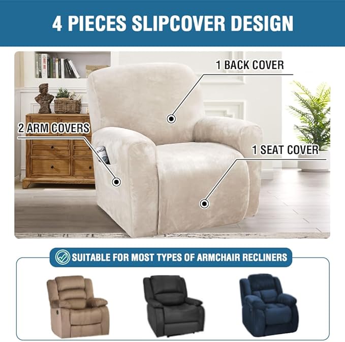 H.VERSAILTEX Velvet Stretch Recliner Couch Covers 4-Pieces Style Recliner Chair