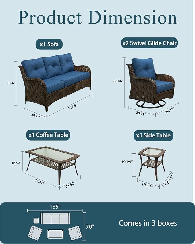 Patio Furniture Set, High Back Rattan Sofa & Swivel Rocker Chairs, Weather