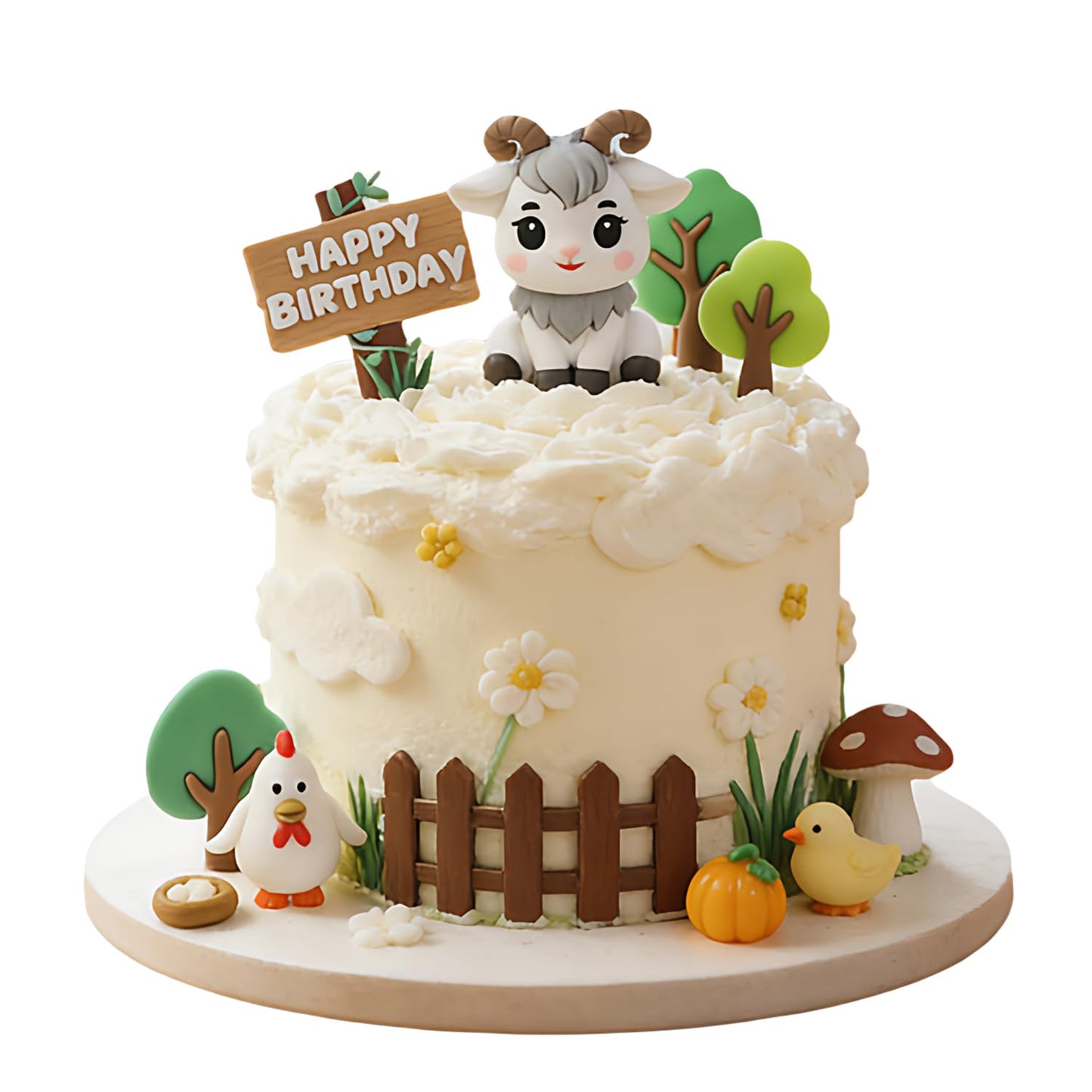 Rustic Farm Theme Cake Decorations Set - "Happy Birthday" Sign, Goat Figurine, Tree Accents, Chicken & Resin Pumpkin Decor, Grass & Fence & Mushroom Accessories, Premium Soft PVC Dessert Toppers
