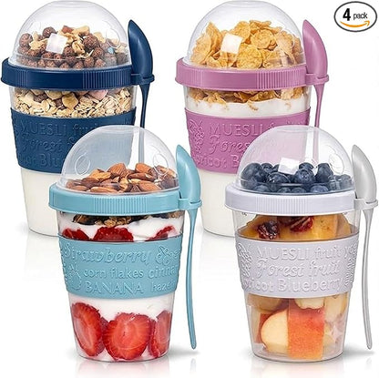Salda 4 Pack 20 oz Breakfast On the Go Cups, Take and Go Yogurt Cup with Topping Cereal Cup with spoon, Overnight Oats or Oatmeal Container Jar, Colorful Set of 4
