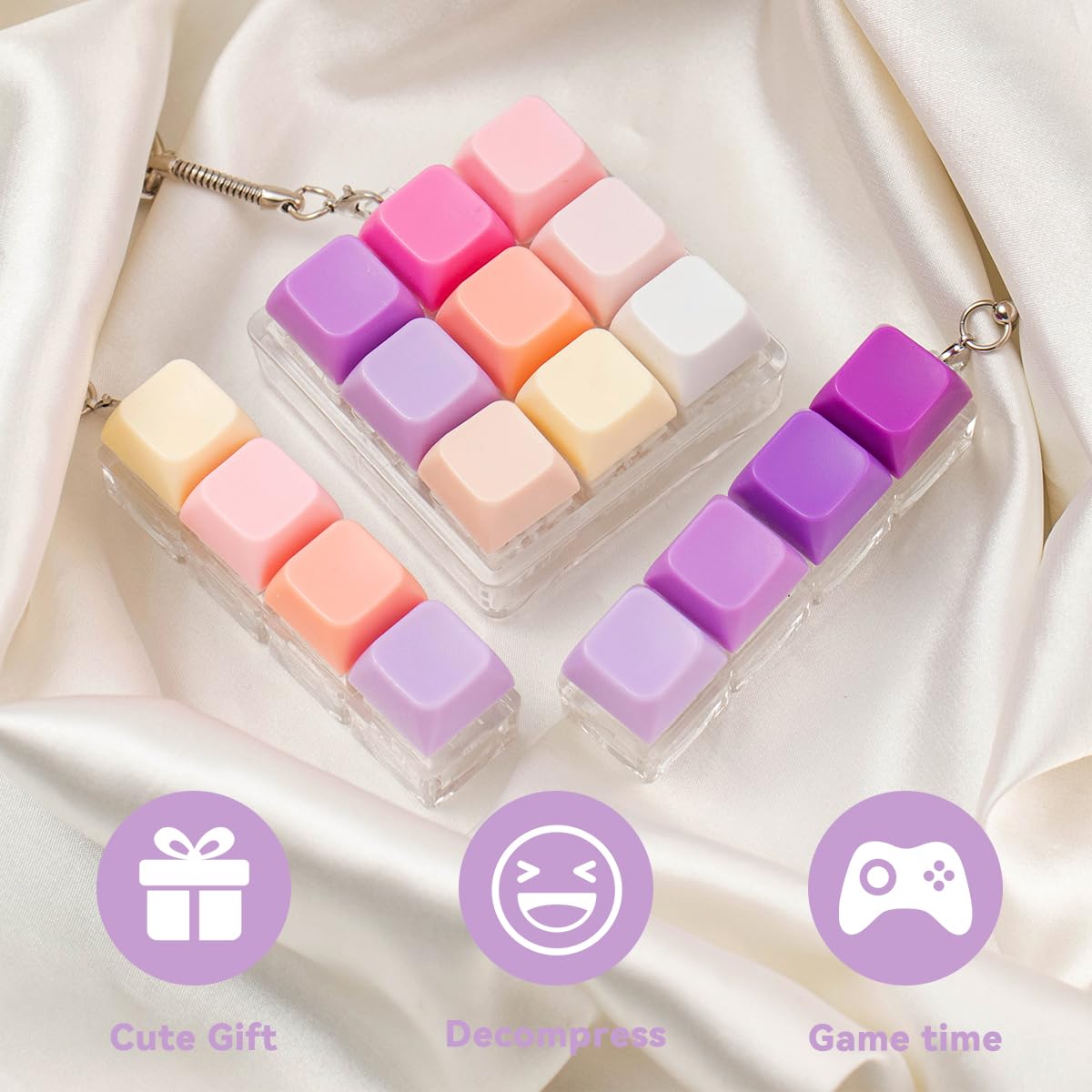 3 Pcs Keyboard Fidget Toy for Adults, Loud Clicky Keyboard Fidget Keychain, Button Fidget Clicker Stress Relief Sensory Toys for Anxiety Decompression Gift (Purple Pink)
