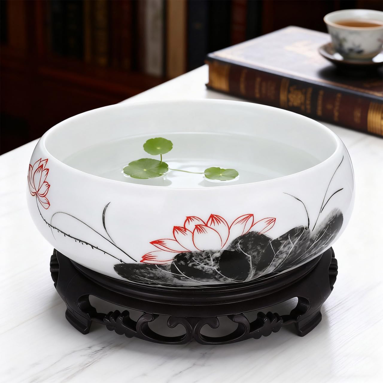 VICASKY White Ceramic Hydroponic Planter Bowl with Plastic Base - Oriental Lotus Shape Flower Pot for Daffodils, Water Plants, Lucky Bamboo & Home Decor
