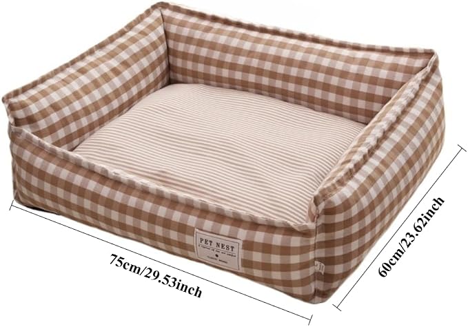 Orthopedic Rectangle Dog Bed for Medium Small Dogs, Plaid Plush Modern Puppy Sofa Bed with Anti-Slip Bottom, Cute Calming Pet Bed(Khaki,X-Large)