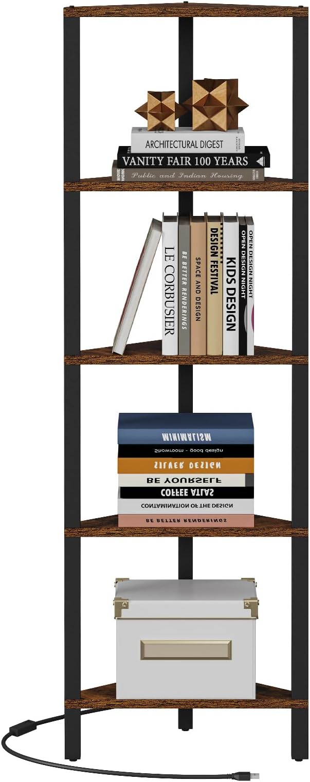 TUTOTAK Corner Shelf with LED Light, 5-Tier Corner Bookshelf