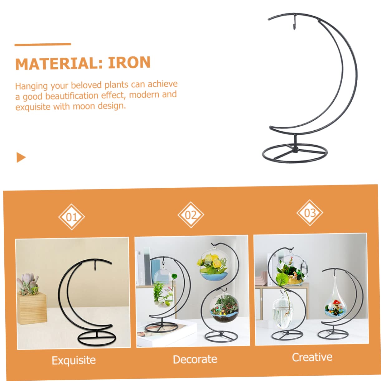 VALICLUD Creative Moon Pendant Ornament Display Stand Sturdy Iron Plant Holder for Glass Ornaments and Terrariums Compact Decorative Rack for Home Office Balcony and Party Use