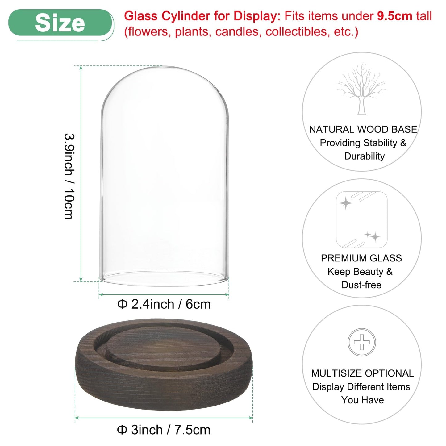 M METERXITY Cloche Glass Dome, 3.9"x2.4" Glass Display Case with Wooden Base for DIY Snow Globes/Small Plants/Flowers/Candles/Models/Souvenirs, Tabletop Centerpiece [Dark]