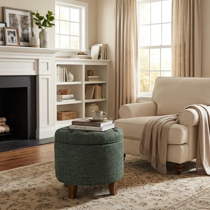 Homepop Home Decor | Upholstered Round Tufted Foot Rest Ottoman | Ottoman