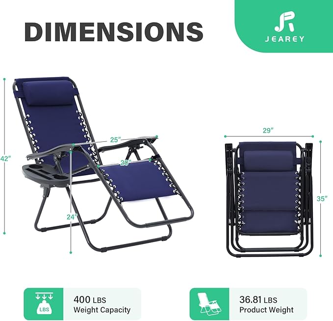 JEAREY Zero Gravity Lounge Chairs Set of 2, Adjustable Steel Mesh Recliners