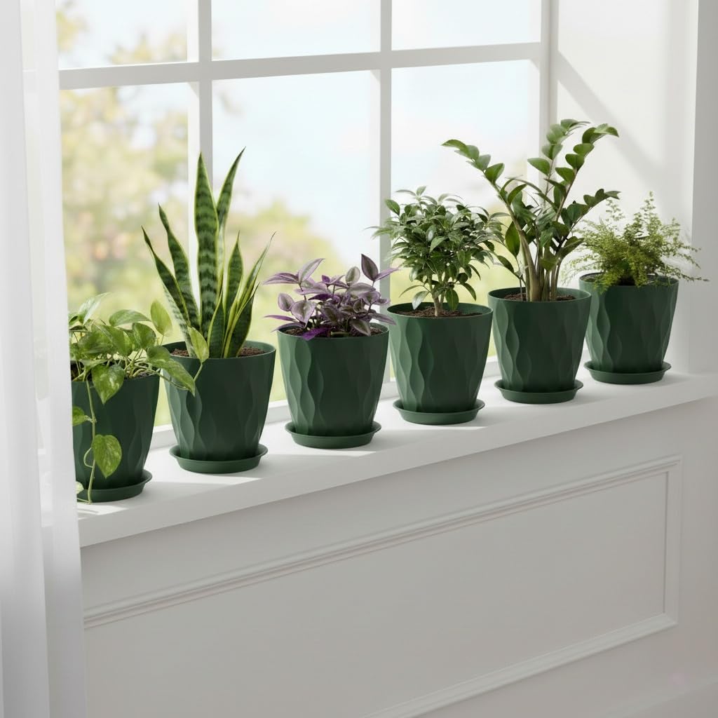LESOASIS Plant Pots 8 Inch, 6 Pack Plastic Flower Pots for Indoor & Outdoor Plants, Planters with Drainage Holes and Saucer, Garden Pot for Plants (Deep Green)