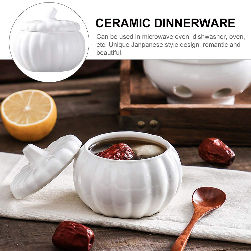 BESTonZON Ceramic Pumpkin Soup Bowl with Lid 4.13 Inch Covered Stew Soup Bowl Porcelain Serving Dish for Pumpkin Desserts and Stews Kitchen Dinnerware