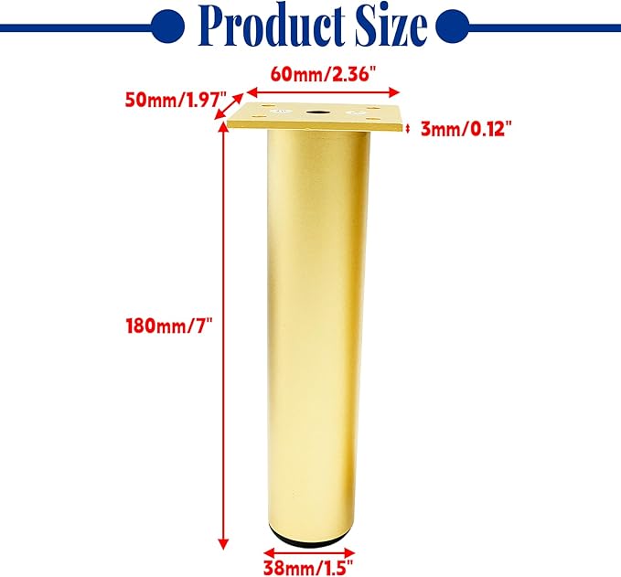 Set of 4 Aluminum Alloy Furniture Legs 7 Inch Height, 1.5 Inch Diameter