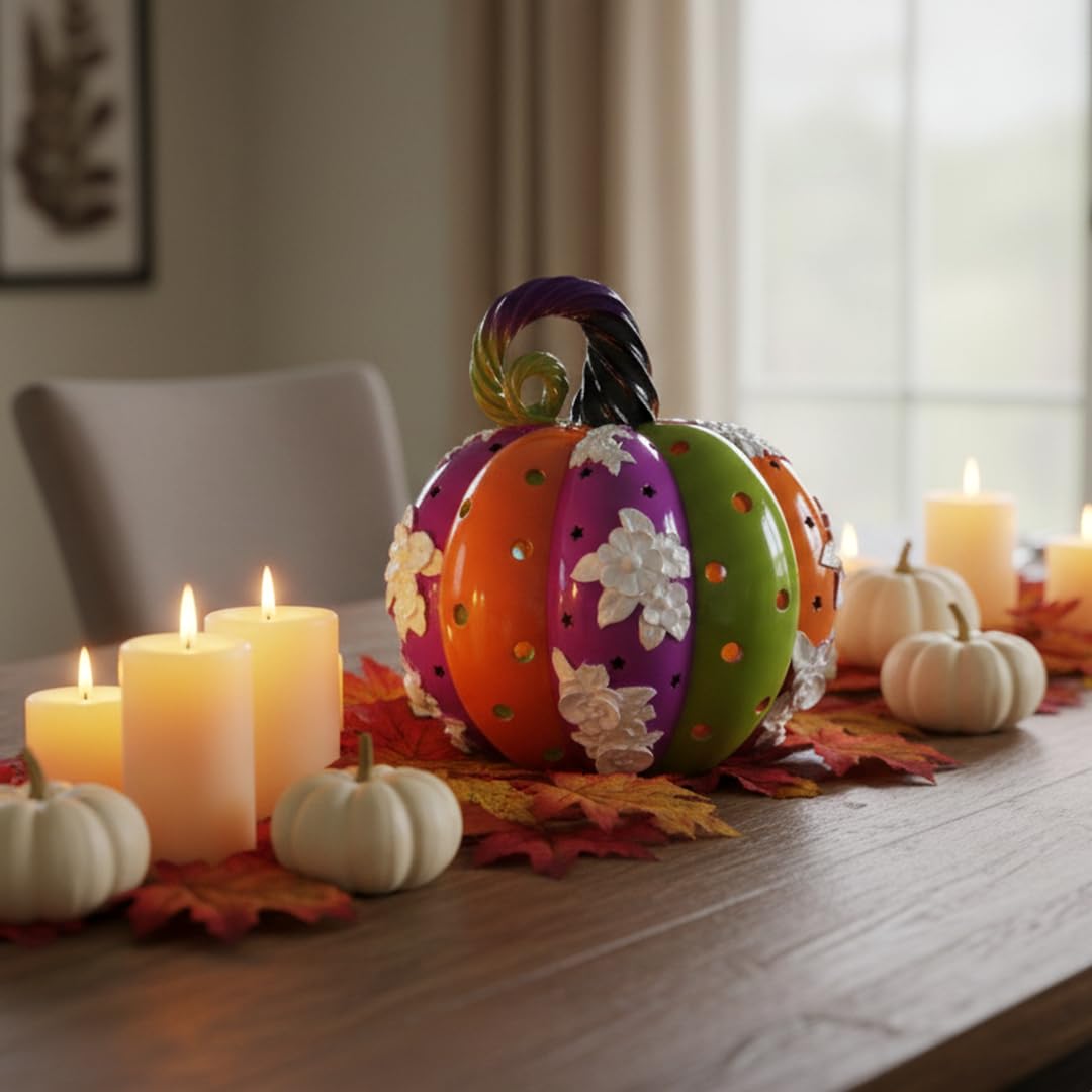 SEAKINGDOM YHH Premium Handmade Pumpkin Statue - 7 Inch Fall Harvest Decor, Resin Sculpture for Thanksgiving Centerpiece, Halloween Tabletop, Mantel & Bookshelf Display (Purple, Green, and Yellow)