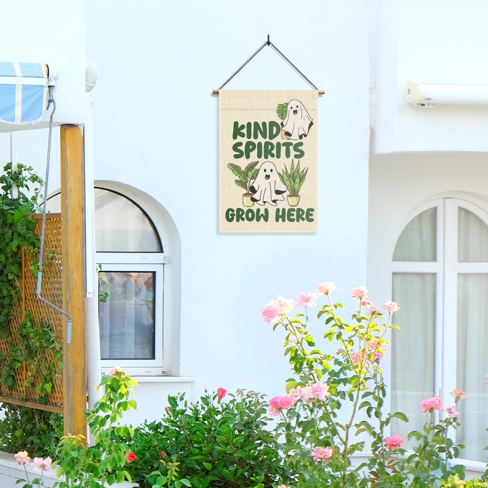 Gkodw Kind Spirits Grow Here Garden Flag, Cute Ghost Halloween Yard Sign for Outside, Funny Spirit Halloween Fall Outdoor Lawn Decor, Kindness Plant Lover Spooky Plant Mom Housewarming Gifts