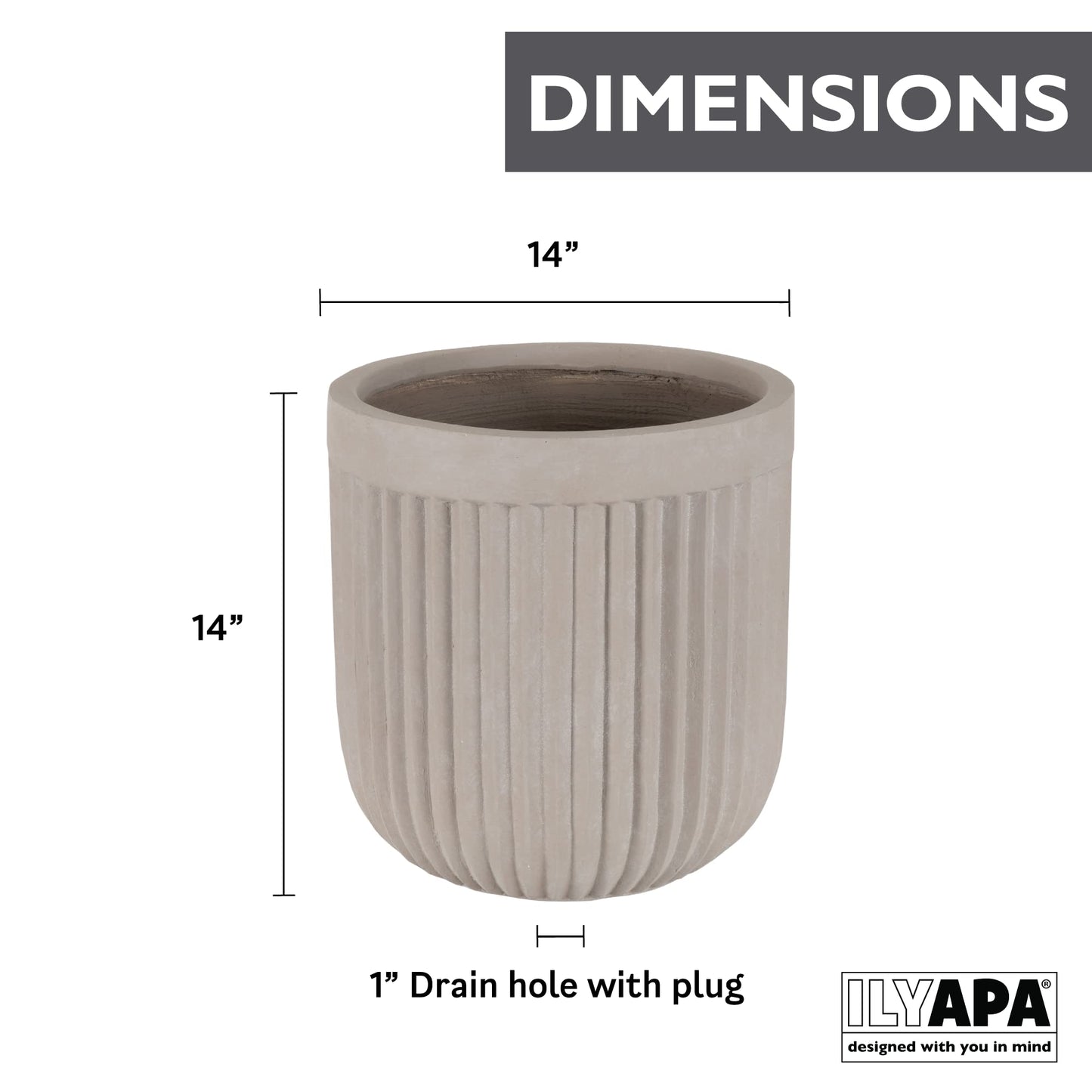 Ilyapa 14x14 inch Fluted Large Modern Concrete Outdoor Planter, Large Indoor Plant Pot with Drainage - 14 Inch Pots for Plants, Indoor/Outdoor