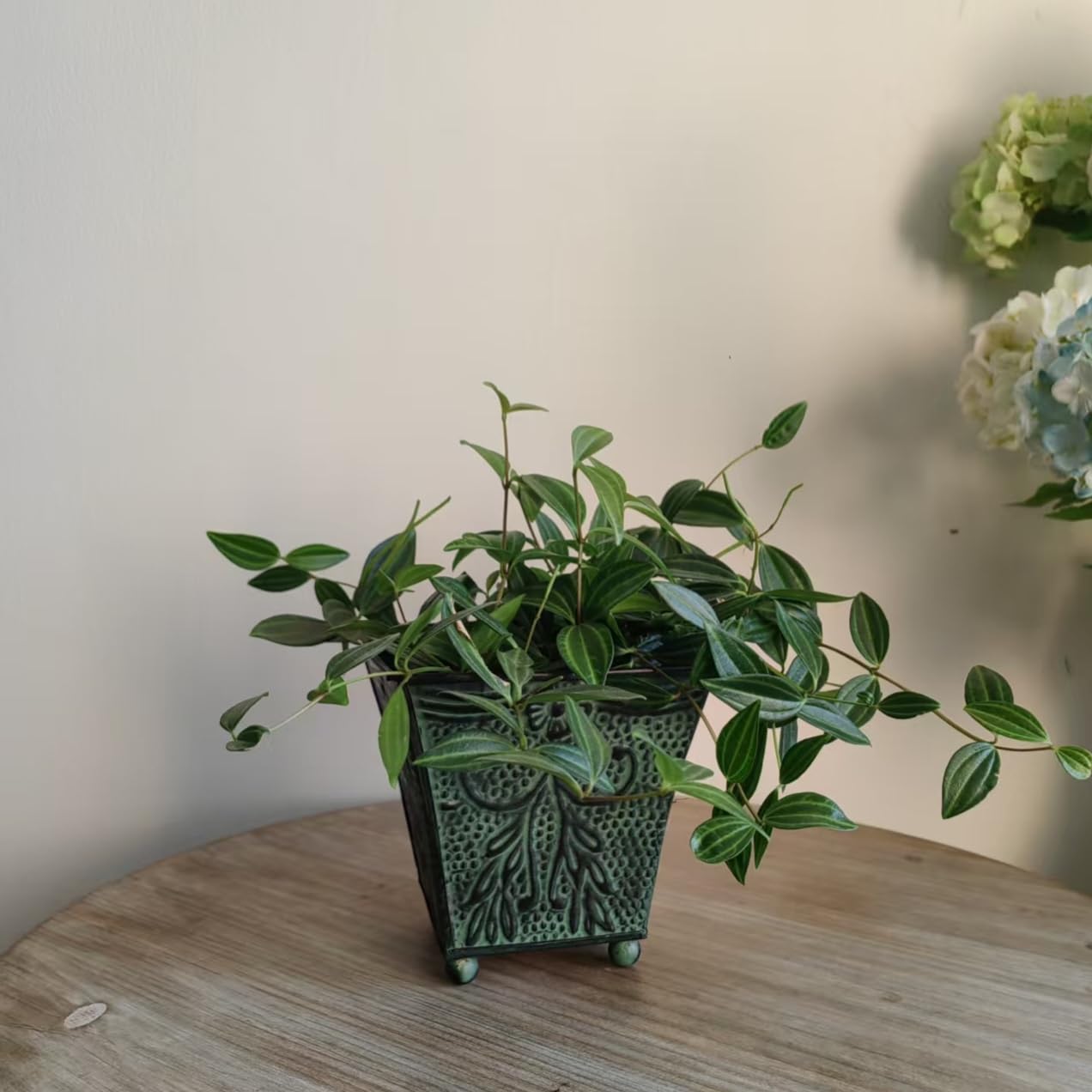 Hosley Set of 4 Green Patina Embossed Metal Planters with Ornate Floral Design, 5.25" L x 5.25" W x 5" H – Ideal for Floral Arrangements, Home Décor, Garden Accents, Rustic Weddings.