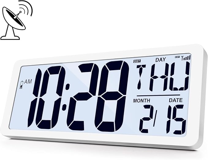 Atomic Clock with Backlight 15.0" Digital Wall Clock Battery Operated Atomic Wall Clock Digital Alarm Clock with Day Date & Temperature for Wall Office Bedroom Living Room