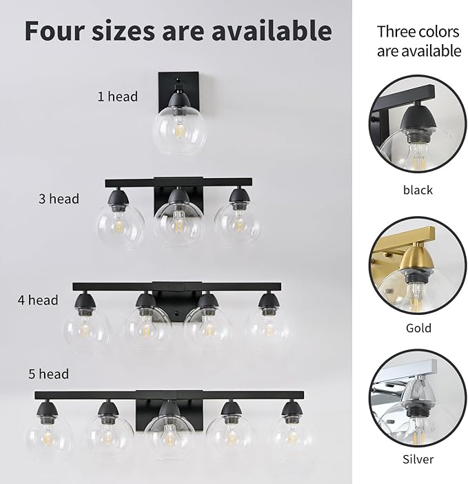Bathroom Light Fixtures, 3-Light Matte Black Vanity Light with Hand-Blown Thick Glass Shades, Premium Clarity & Shatter-Resistant, Wall Sconces for Mirror, Kitchen, Bedroom