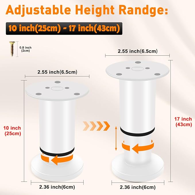 4 Pcs Adjustable Height Furniture Support Legs 10-17 inch, Metal Adjustable